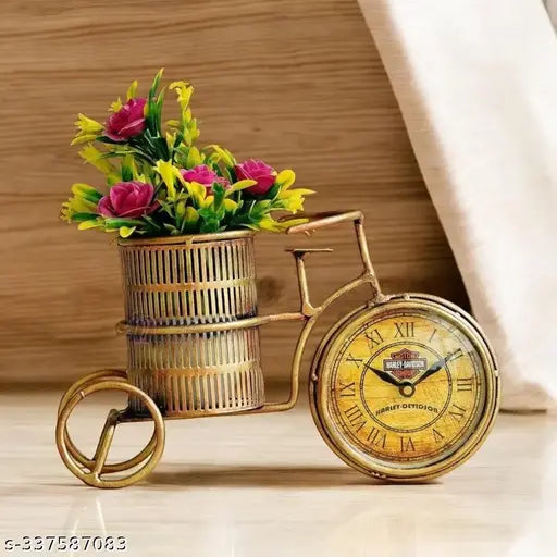 Metal Showpiece Flower Pot Stand With Table Clock