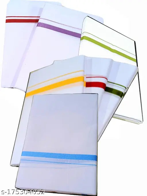 2 Meters, White bleached Dothy, Mundu, Colour Border- Cotton Dhothy 3 pcs (Multi- Color Border)