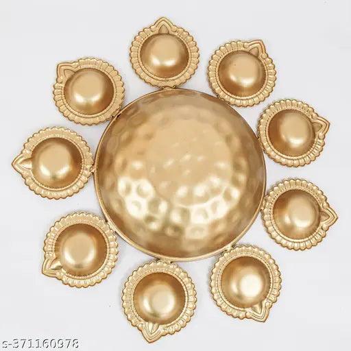 Diya Shape Flower Decorative Urli Bowl for Home Decoration Items, Metal, Gold