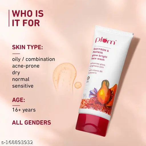 Plum Saffron & Papaya Glow Bright Face Wash | Enhances Glow & Brightens Skin | With Vitamin B5 | Fights Dull Skin | Non-Drying, Gel-Based, Sulphate-Free Face Wash | For All Skin Types | 100% Vegan