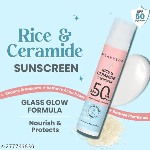 Glamveda Glass Skin Rice & Ceramide Sunscreen SPF 50 PA+++ | No White Cast | Water & Sweat Proof | Excess sebum production | 50 ml