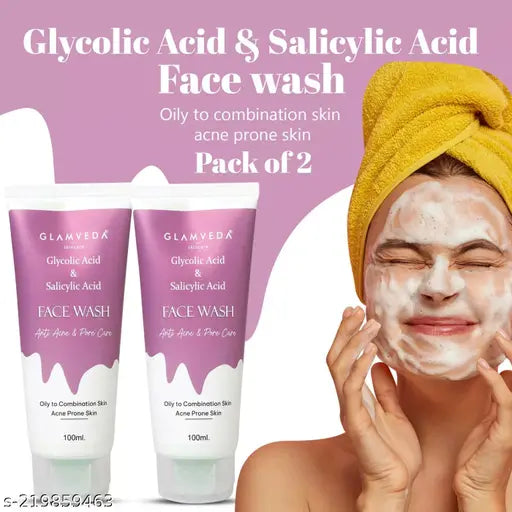 Glamveda Glycolic acid & Salicylic Acid Anti Acne face wash | Reduces acne scars & breakouts| Pimple Care | Oily & Acne Prone Skin | No Paraben, SLS | Pack of 2