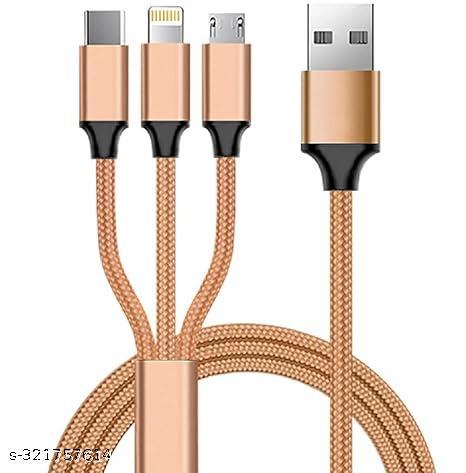 Unbreakable 3 in 1 USB Fast Charging Cable with Type C, Lightning, Micro USB Port with 2.1 A, Compatible with iPhone, iPad, Samsung, OnePlus, Mi, Oppo, Vivo, Xiaomi, 1.25M