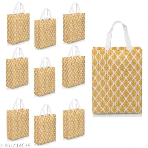 Carry Bag for Return Gifts | Shopping Bag | Reusable Non-Woven Tote Bags, White-Gold Printed Pack of 10nos