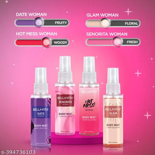 Bella Vita Body Mists Deo Spray (Date + Glam + Senorita + Hot Mess) Travel Size Gift Set Perfume for Women 4x50 ml - Springkart 