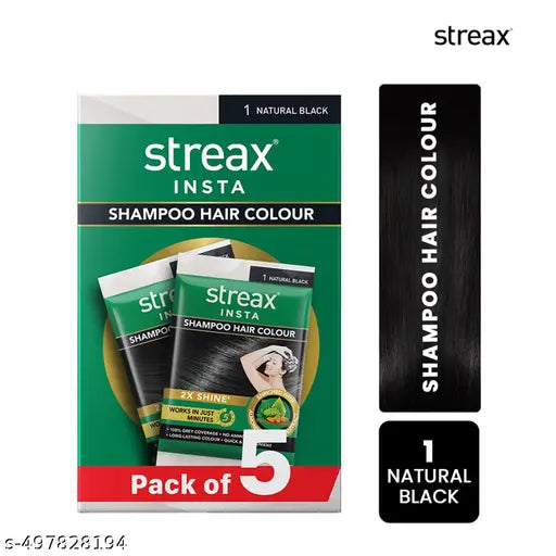 Streax Insta Shampoo Hair Colour Natural Black | Easy Squeeze Pack Shampoo Hair Dye | 100% Grey Coverage | Deep Natural Black Shade | Conditions While Coloring | No Mixing | Best Value Bulk Pack Quick Hair Color| 125ml Pack of 5