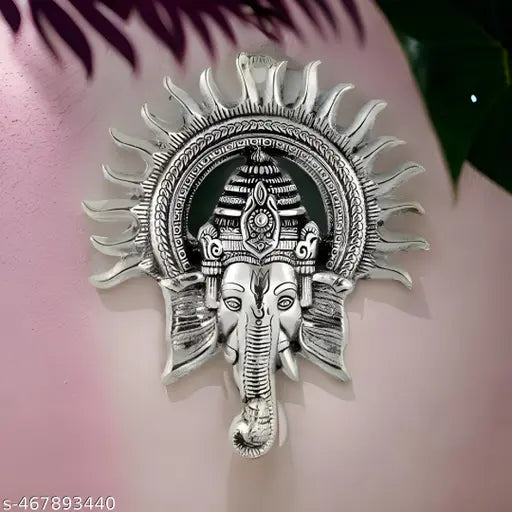 Silver Ganesh Kiran wall hanging home temple office and gift Lord Ganesha With Sun Decorative Metal