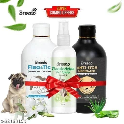 Breedo (Combo of 3) Dog Flea-Tick Shampoo + Anti-Itch Shampoo 500 ml + 100 ml Spray Allergy Relief, Conditioning, Anti-fungal, Anti-microbial, Anti-itching, Anti-dandruff Natural Dog Shampoo (600 ml)