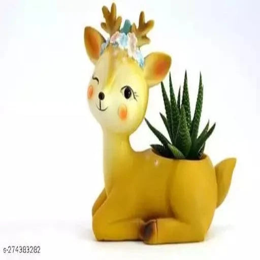 Pot Animal Deer Shape with Artificial Plants Set of 1, Yellow