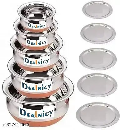 Stainless Steel Copper Base serving Set Handi Set of 5 Pieces with Lids/Serving Bowl Set/Cookware Set/Sauce Pot and handis (500ml, 800ml, 1000ml, 1200ml, 1500ml, 5 Pieces , Silver)Bhagona Set Tapeli Set ....