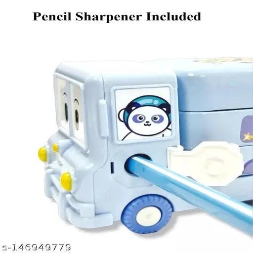 RVN Cartoon Printed Bus Geometry Box Double Compartment Metal Body Pencil Case - Springkart 