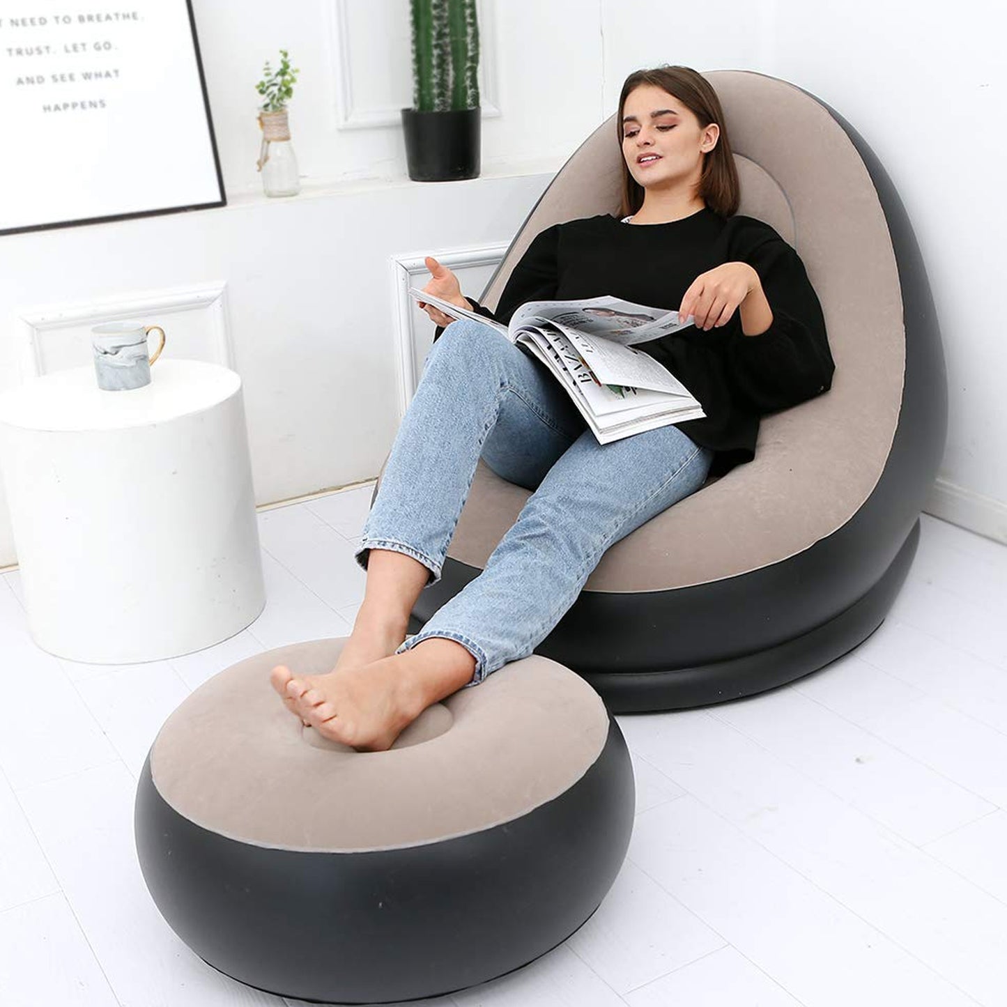 8062 Inflatable Sofa Lounge Chair Ottoman Blow Up Chaise Lounge Air Sofa Indoor Flocking Leisure Couch For Home Office Rest Inflated Recliners Portable Deck Chair For Outdoor Travel Camping Picnic.