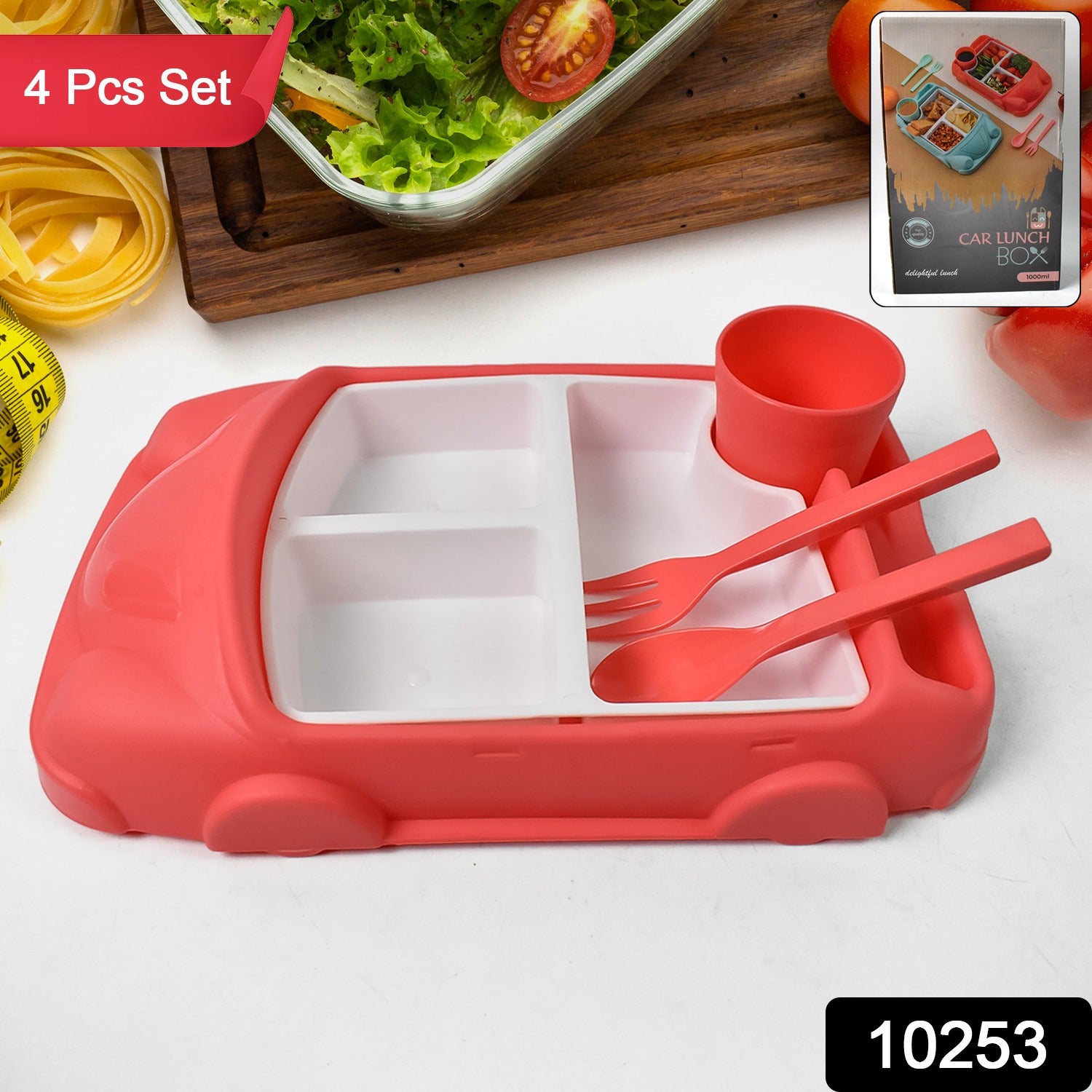 Kids Car Shaped Plates Cup Lunch Box Dinnerware Set (4 Pcs Set 1000 Ml Lunch Box) - Springkart 