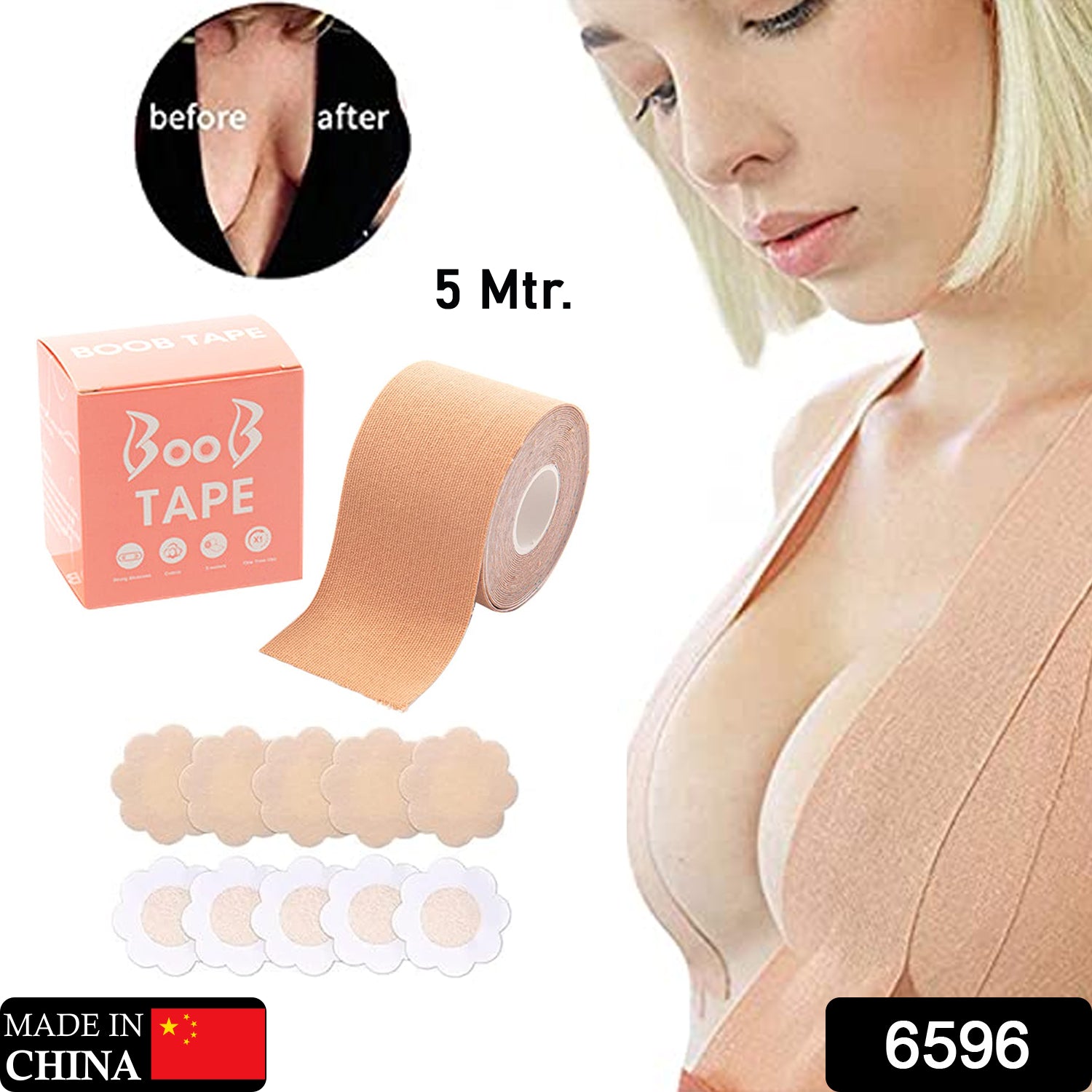 6596 Boob Tape With 10 Pairs Nipple Cover Cotton Wide Thin Breast Tape - Womens Girls Breast Lift Booby Tape - Push Up Lifting Tape - Suitable For All Breast Types - Breast Lift Bra Tape - Bob Tape For Natural Breast Lift (1 Pc 5 Meters) - Springkart 