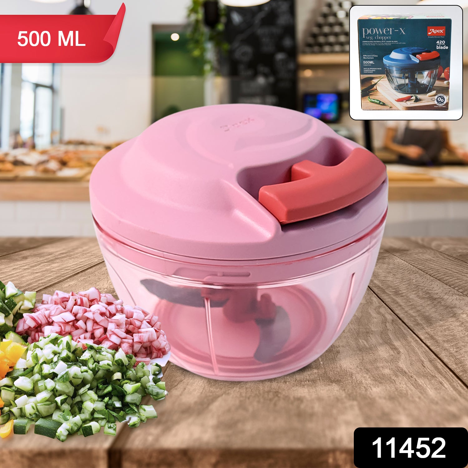 Apex Power-x Triple Stainless Steel Blades And Hand-pull Vegetable Chopper (500ml) - Springkart 