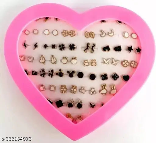 Set of 36 Pair Mix Design Earrings with Heart Box for Women and Girls (1 Box)