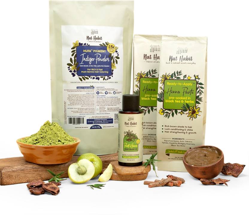 Nat Habit Henna Hair Combo – Ready to apply Henna Paste, Indigo Powder & Stain Oil (4 Items in the set)