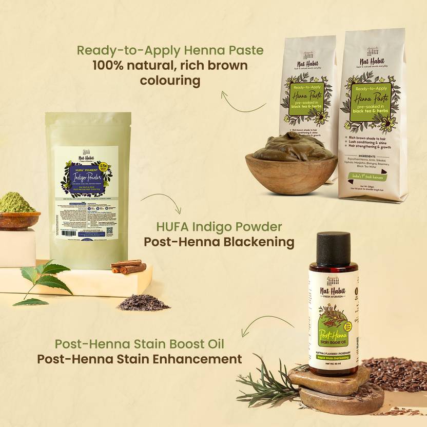 Nat Habit Henna Hair Combo – Ready to apply Henna Paste, Indigo Powder & Stain Oil (4 Items in the set)