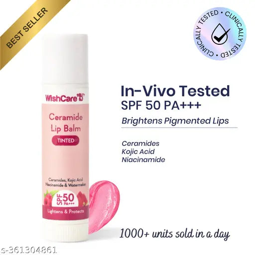 WishCare Tinted Ceramide Lip Balm with SPF50 PA+++ - Kojic Acid & Niacinamide - For Lip Lightening, Sun Protection & Long Lasting Hydration - 5gm