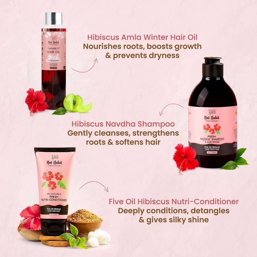 Nat Habit Hibiscus Hair Oil, Shampoo and Conditioner Combo | 3-in-1 Complete Hair Care Kit (3 Items in the set)