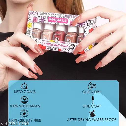Ronzille Quick Dry and Glossy Nail Polish Gift Set of 5, Mini Nail Kit, Paraben Free, Long Lasting Formula, 5 in 1 Red Edition Combo