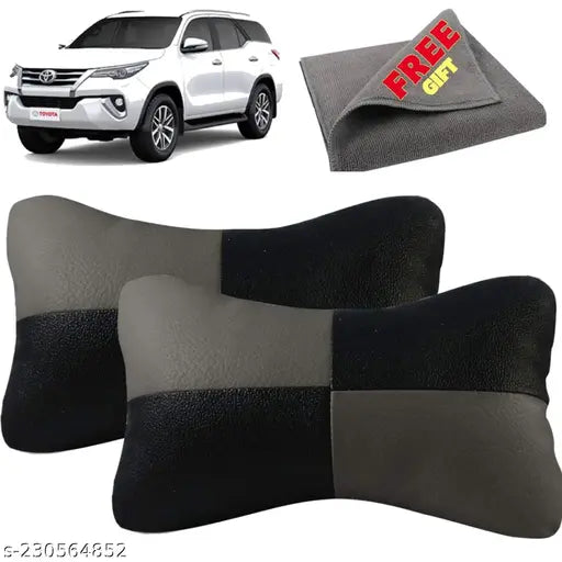 Leather Car Neck Rest & Pain Relief Pillow & Cushion With Comfortable Strap (Set of 2 for Toyota Cars)