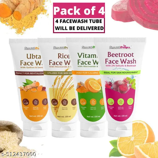 Ubtan Facewash Tan Removal and Blemish Minimizing With Saffron | Deep Moisturizing Vitamin C Face Wash | Beetroot Facewash for No Sulphates | Face Wash - 100ML(Pack Of 4)