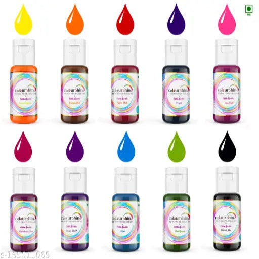 Edible Sparkle's Colourshine Liquid Food Coloring Set of 10 Vibrant Food Colours Pea Green,Blue,Super Red,Raspberry,Hot Pink,Yellow,Orange,Grape Violet,Purple,Black | Each 25ml