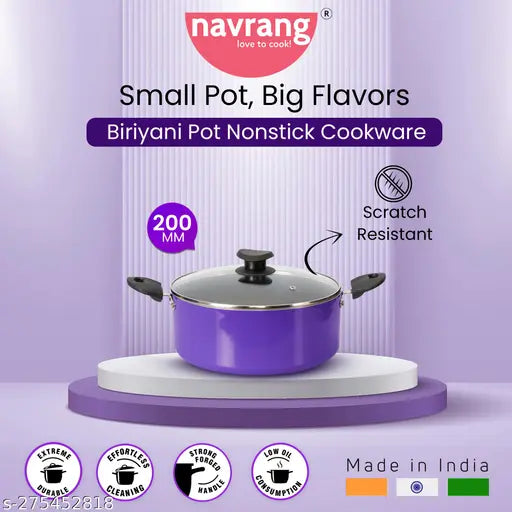 Navrang Nonstick Stewpan 200 With Glass Lid,Purple Color,2.5ltr Capacity