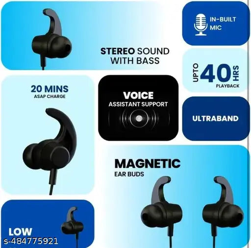 BT 235V3 Black Bluetooth Neckband | Wireless Neckband |  Clear Sound Quality With Powerful Bass 20HR Battery Type C Fast Charge Magnetic Lock | Premium Metal Look & Clear Mic Sound | Bluetooth Headphones | | Best Sound Neckband | Best Neckband | High Bass