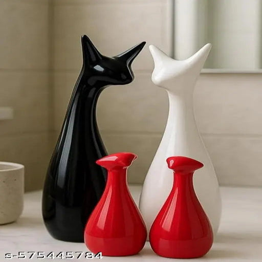 Lucky Deer Family Set | Family of Four Statues Matte Finish Ceramic Sculptures | Home Decoration | Figurine Accessories | Art Gifts | Crafts Pack of 4 (Black, Red& White