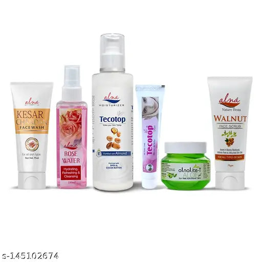 ALNA Kesar Chandan F/W | 100ML | + Rose Water Toner | 100ML | + Tecotop Moisturizer | 225ML | + Tecotop Cream | 30 Gms | + Alnalite-T Aloe Gel | 100Gms | + Walnut Scrub | 75 ML | {PACK OF 6}
