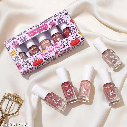 Ronzille Quick Dry and Glossy Nail Polish Gift Set of 5, Mini Nail Kit, Paraben Free, Long Lasting Formula, 5 in 1 Red Edition Combo