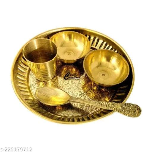 Brass Bhog Pooja Carving thali Set for Daily use Home Temple décor Gold Size @13cm