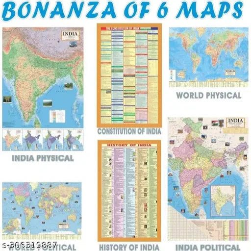 India & World English Maps (Both Political & Physical) Constitution & History Of India Chart|Pack Of Set Of 6 Map Size (40*28 & 23*36 Inch)