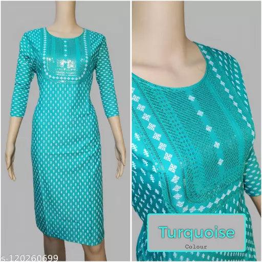 Womens Kurti Embroidery Work & Printed Teal Green Colour Straight Kurti - Springkart 