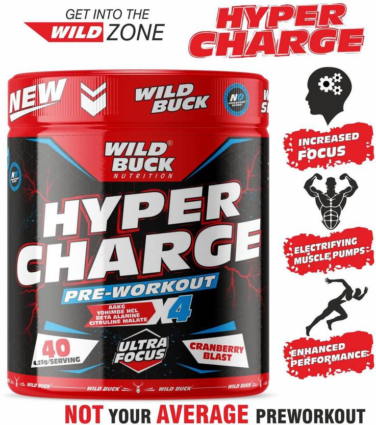 WILD BUCK Hyper Charge Pre-Workout For Hardcore Pump ,Non-Crash Energy Both For Men &Women Energy Drink (170 g, Cranberry Flavored)
