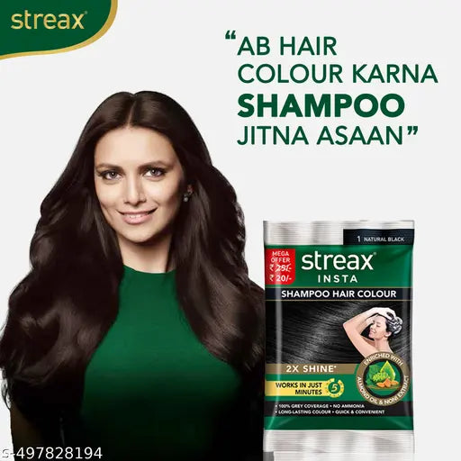 Streax Insta Shampoo Hair Colour Natural Black | Easy Squeeze Pack Shampoo Hair Dye | 100% Grey Coverage | Deep Natural Black Shade | Conditions While Coloring | No Mixing | Best Value Bulk Pack Quick Hair Color| 125ml Pack of 5