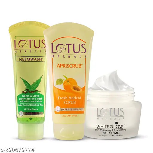 Lotus Herbals Purfiying, Cleansing, Exfoliating & Brightening Combo - Whiteglow Gel Cream, 40 g; Apriscrub Apricot Face Scrub, 60g; Neemwash Purifying Face Wash, 80g | For All Skin Types