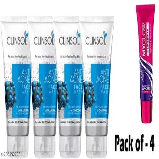 Clinsol Anti Acne Face wash + 1 Myglow Lip Shiner Free Pack of - 4 - Springkart 