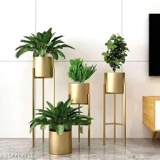 Modern Metal Floor Flower Stands Planter For Living Room Bedroom Display Plant Stand Tall Indoor Plant Stand with Planter Pot (Set Of 3 Gold)