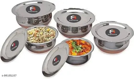 Stainless Steel Copper Bottom Handi/patila/Pot Biryani Punjabi Handi Set with Lid 5 Pieces Set (Capacity:- 0.5 L, 0.8 L, 1.2 L, 1.5 L, 1.8 L) Handi 0.5 L, 0.8 L, 1.2 L, 1.5 L, 1.8 L with Lid  (Stainless Steel, Copper, Induction Bottom)