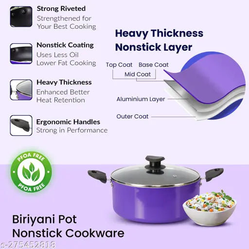 Navrang Nonstick Stewpan 200 With Glass Lid,Purple Color,2.5ltr Capacity