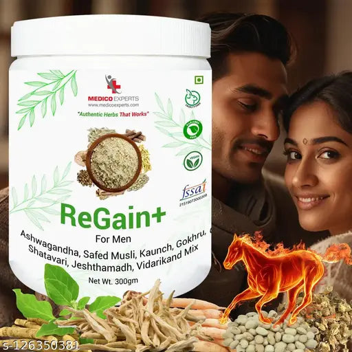 MedicoExperts ReGain+ For Men 300gm (For 1 month) Helps in Managing Performance, Stamina & Stress | Enriched with Ashwagandha Powder ,  Safed Musli, Kaunch, Gokhru, Shatavari, Jeshthamadh & Vidarikand Powder