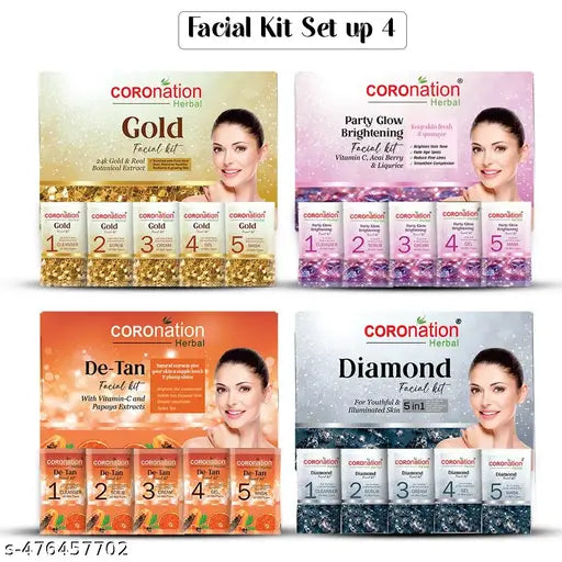 COROnation Herbal Combo Pack of 4 Facial Kit - Gold Kit ,Party Glow Brightening Kit,De Tan Kit and Diamond Kit -26 gm Each