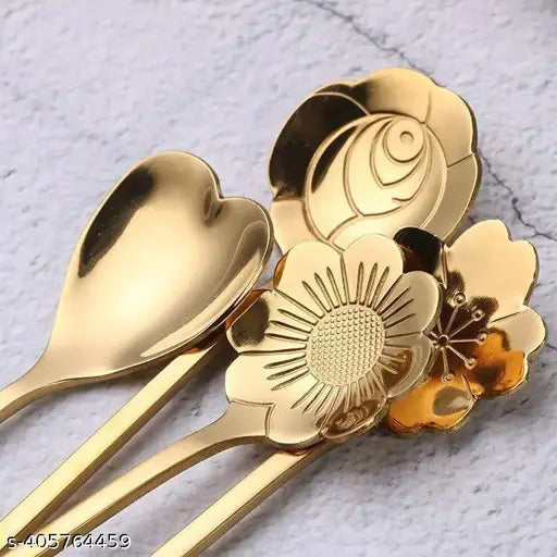 Golden Spoons, Coffee Spoon, Flower Teaspoons, Desserts Spoons,(Set of 4 PCS Gold),(18 centimeter) Diwali Gift