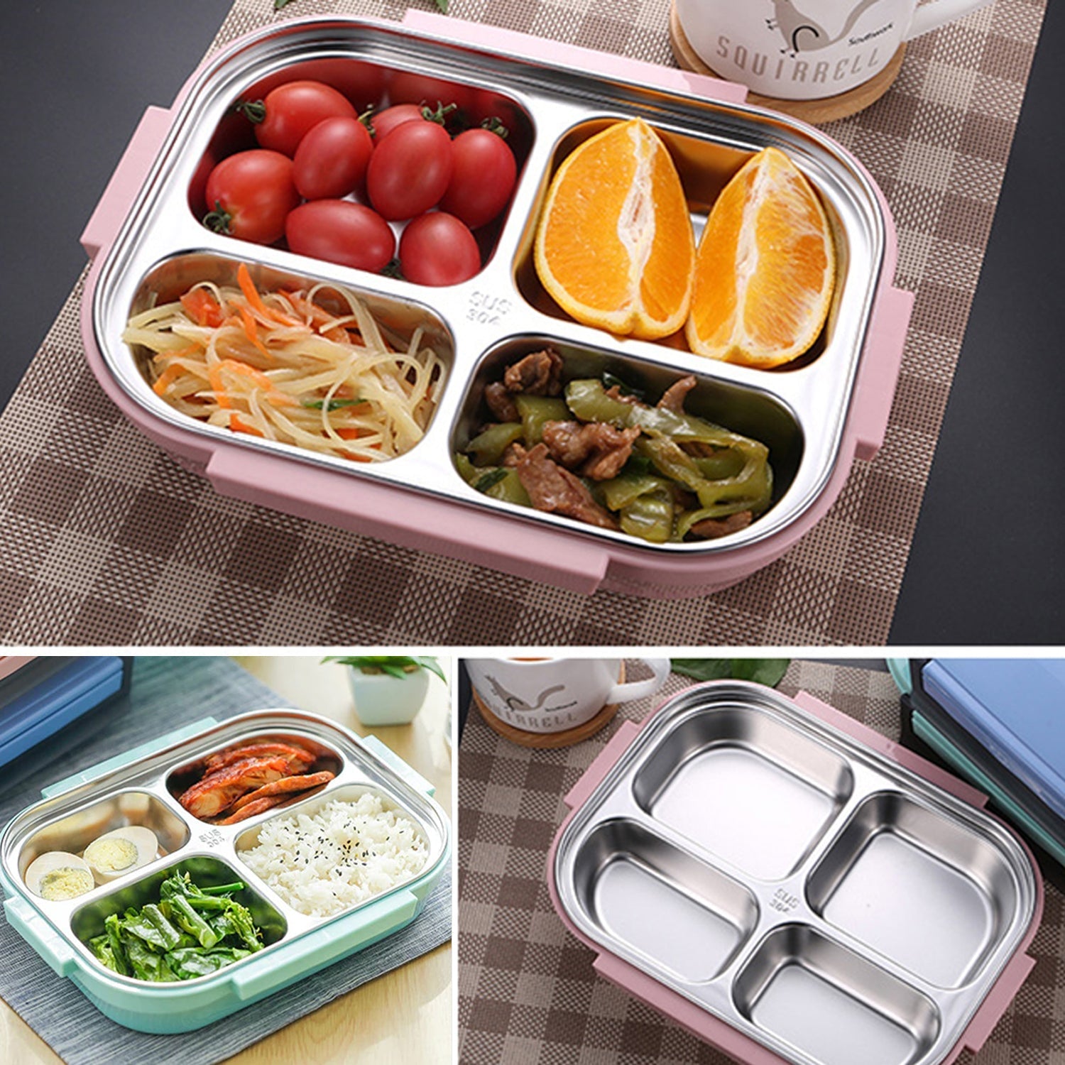Black Transparent 4 Compartment Lunch Box for Kids and adults, Stainless Steel Lunch Box with 4 Compartments. - Springkart 