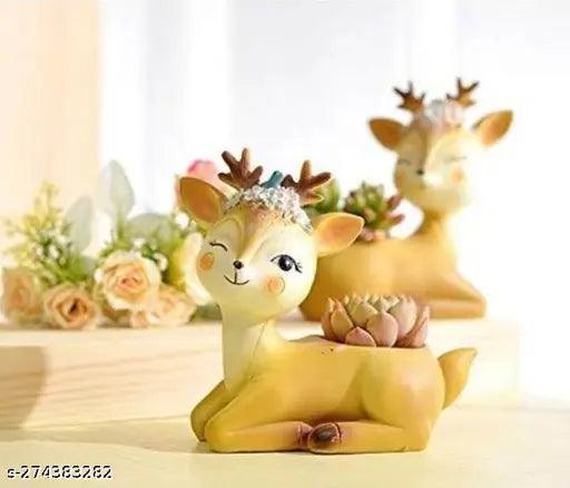 Pot Animal Deer Shape with Artificial Plants Set of 1, Yellow