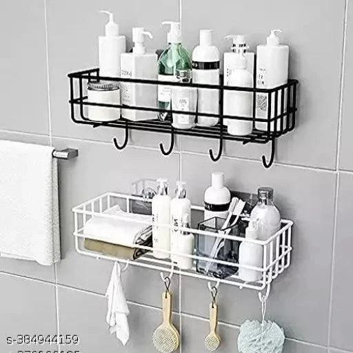 2pcs combo Steel Self-Adhesive Multipurpose Bathroom Shelf with Hooks - Springkart 