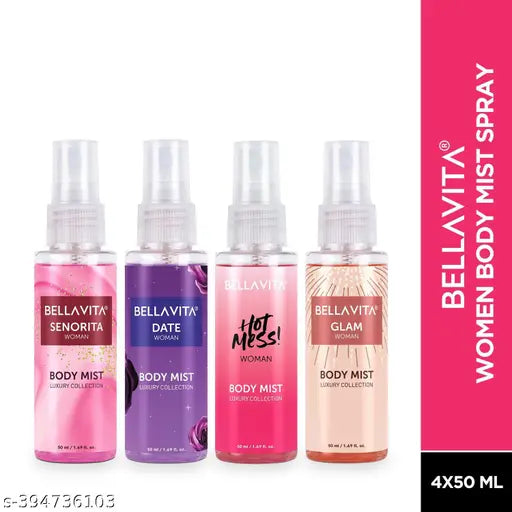 Bella Vita Body Mists Deo Spray (Date + Glam + Senorita + Hot Mess) Travel Size Gift Set Perfume for Women 4x50 ml - Springkart 